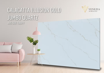 Calacatta Illusion Gold Jumbo Quartz in stock!