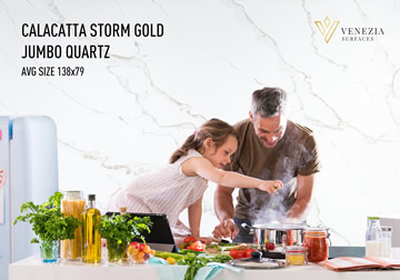 Calacatta Storm Gold Jumbo Quartz in stock!