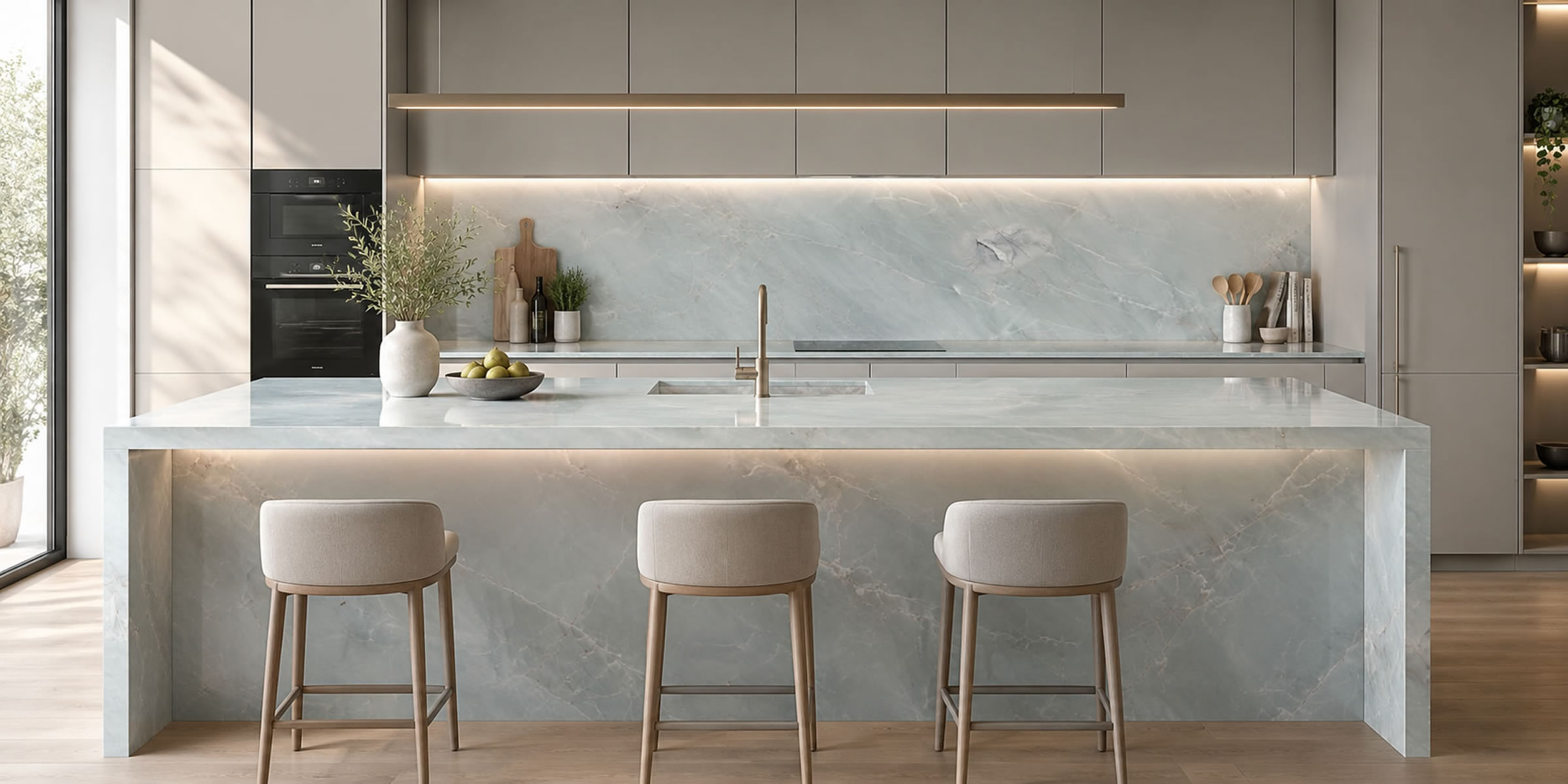 Acquamare quartzite luxury kitchen countertop