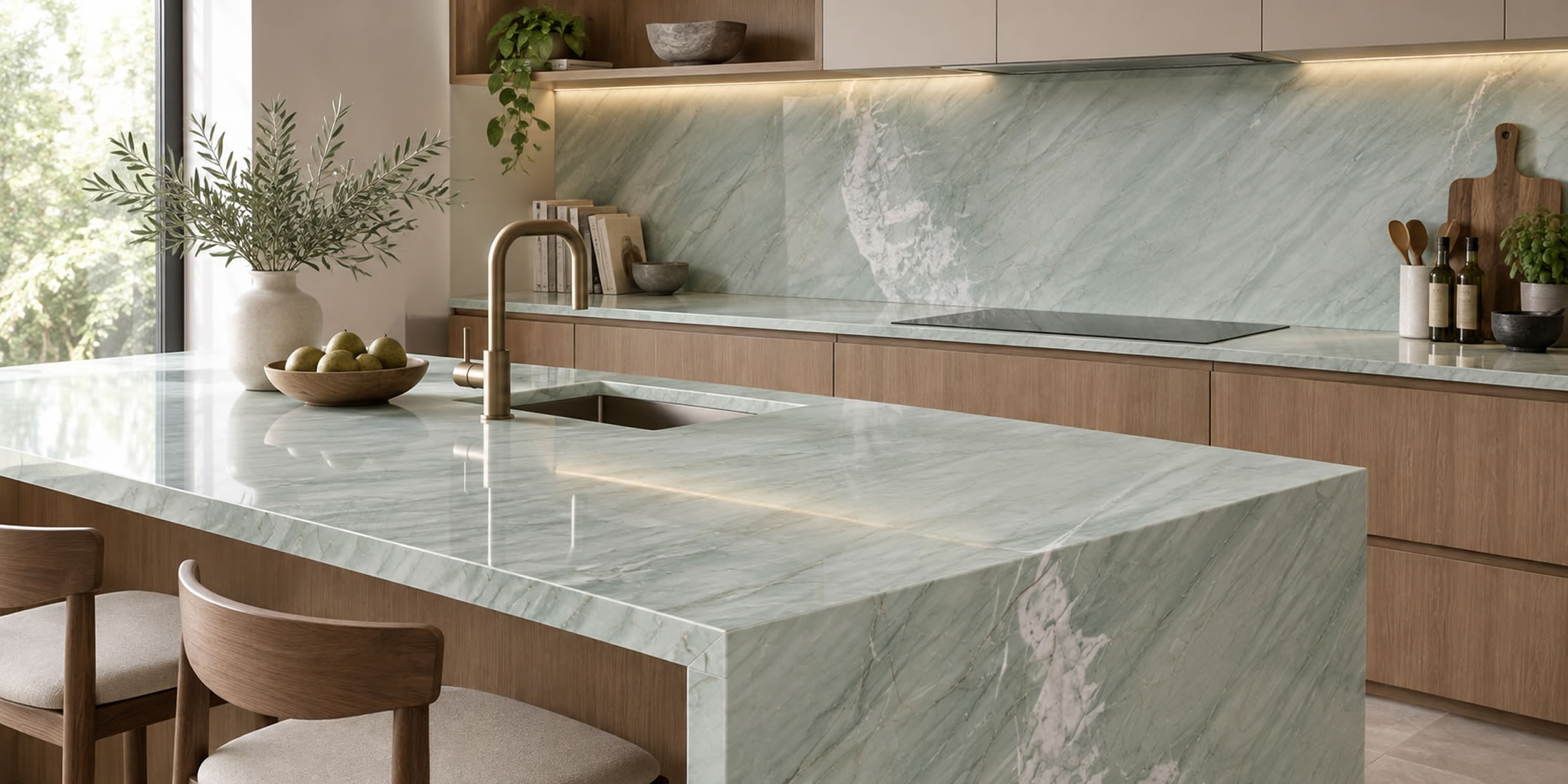 Amazonic Green quartzite statement kitchen countertop