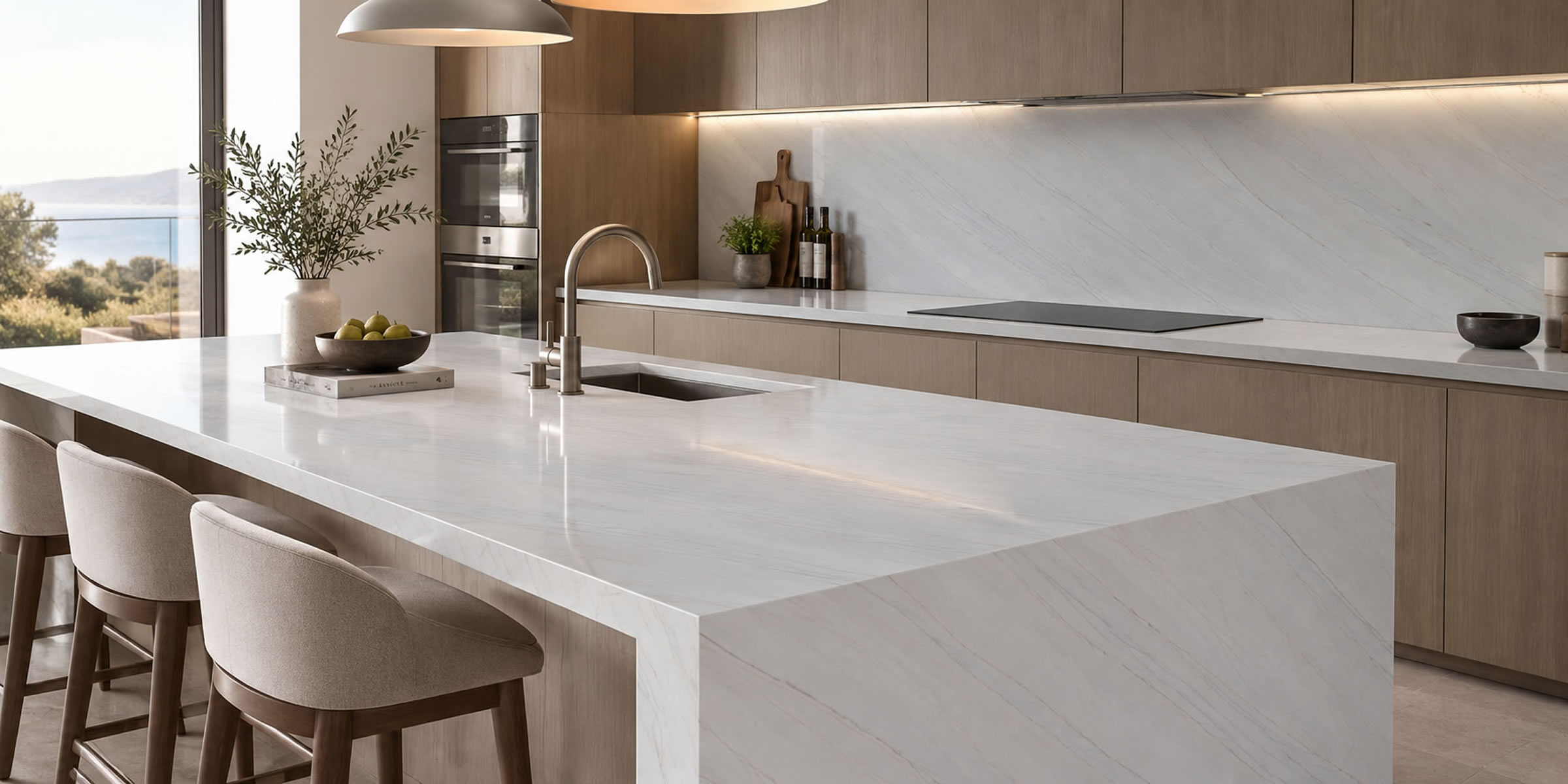 Everest White quartzite kitchen countertop